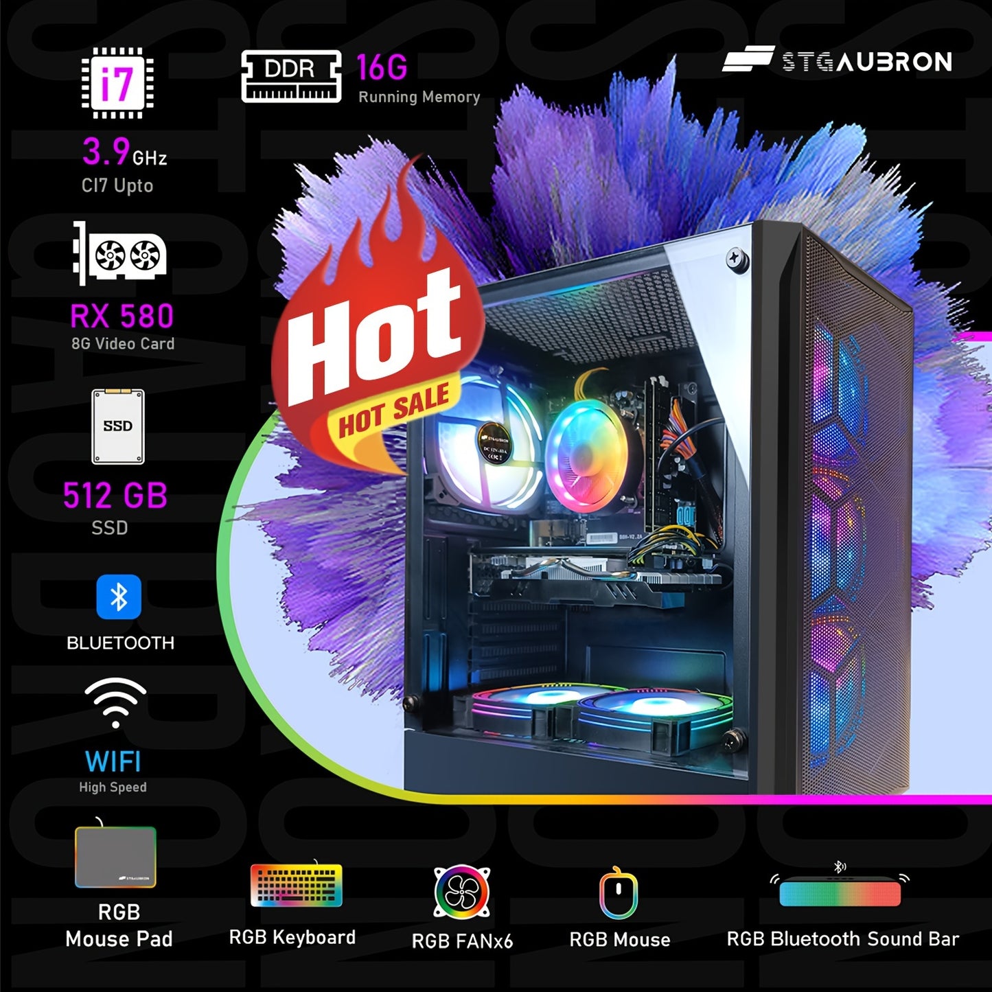 STGAubron Gaming Desktop PC Computer, Intel Core I7 3.4 GHz Up To 3.9 GHz, Radeon RX 580 8G GDDR5, 16G RAM, 512G SSD, WiFi, Wireless 5.0, RGB Fanx6, RGB Keyboard&Mouse&Mouse Pad, RGB BT Sound Bar, W10H64