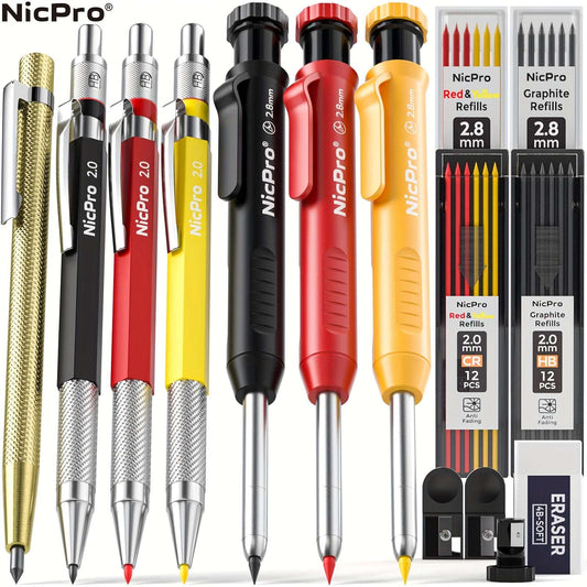 Nicpro 16 Pack Mechanical Carpenter Pencil Set With 42 Refill & Carbide Scribe Tool, Construction Pencils Heavy Duty Woodworking Pencils For Architect