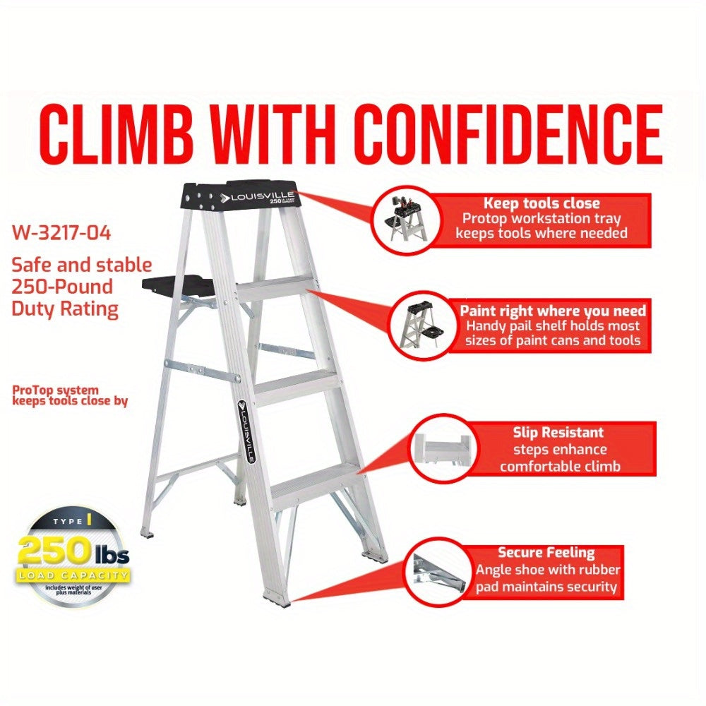 4' Aluminum Ladder, 250 lbs. Durable, Lightweight and Safe, Comes with a Molded Top, Includes a Recessed Tray to Hold All Your Tools