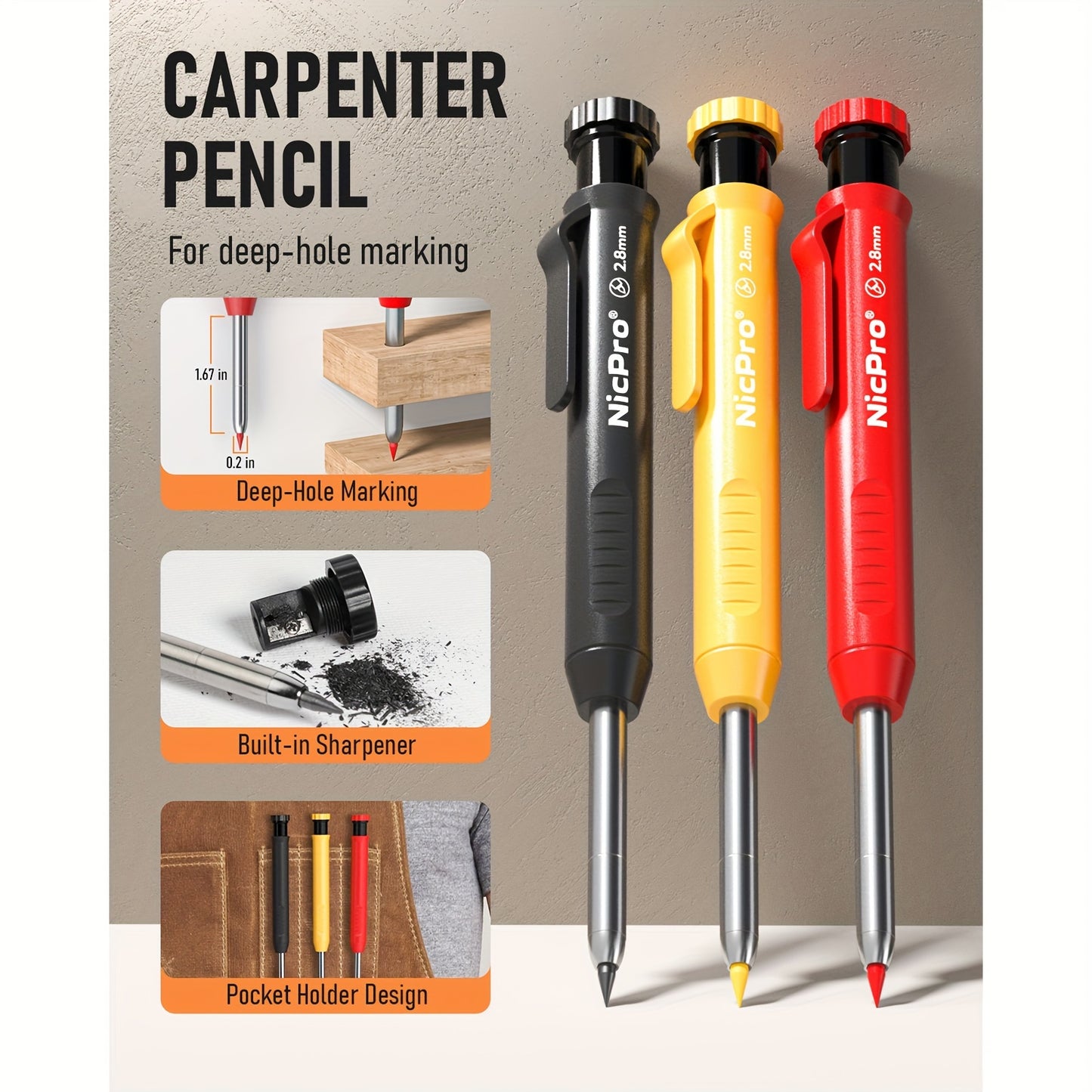 10-Pack Nicpro Carpenter Mechanical Pencils with 21 Refills, Automatic Center Punch, Carbide Scribe Tool, Ideal for Woodworking and Construction, Best Marking Tool for Carpenters