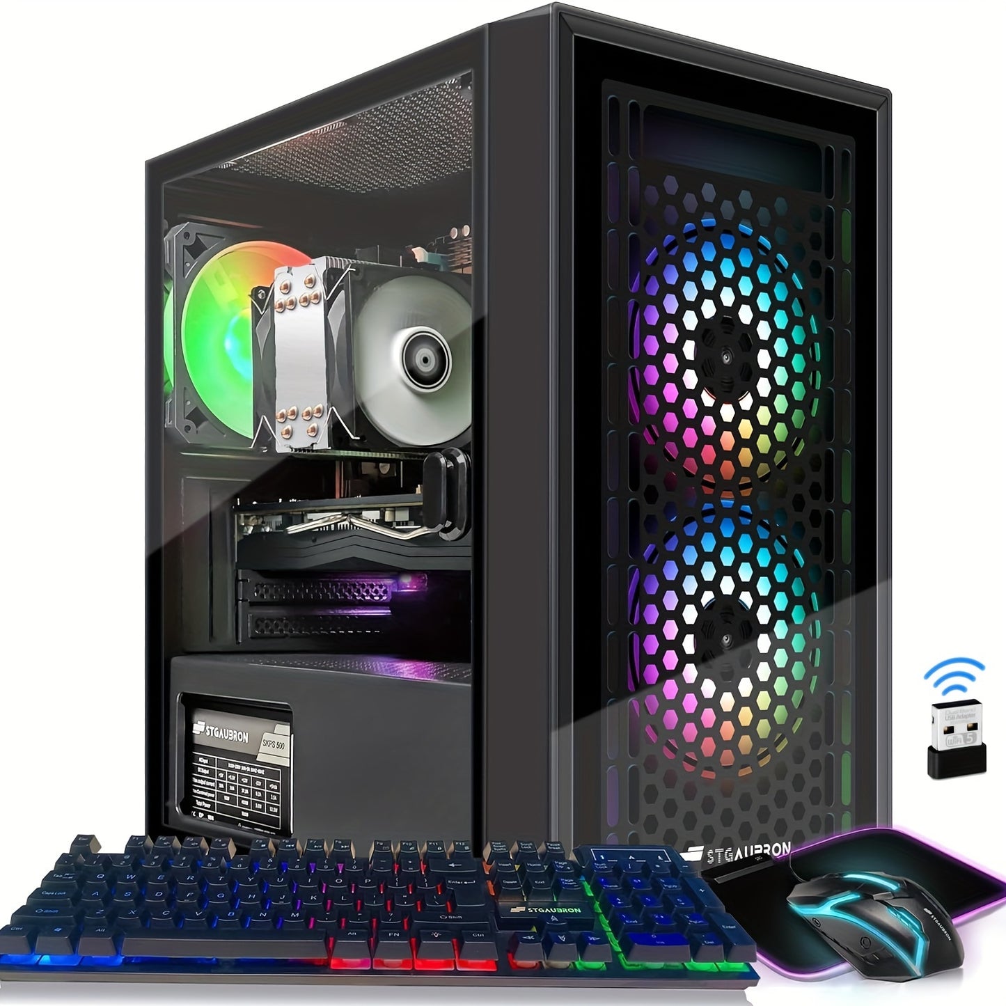 High-Performance Gaming PC with Intel i7 Xeon E5, RX 580 Graphics, 16GB RAM, and RGB Lighting