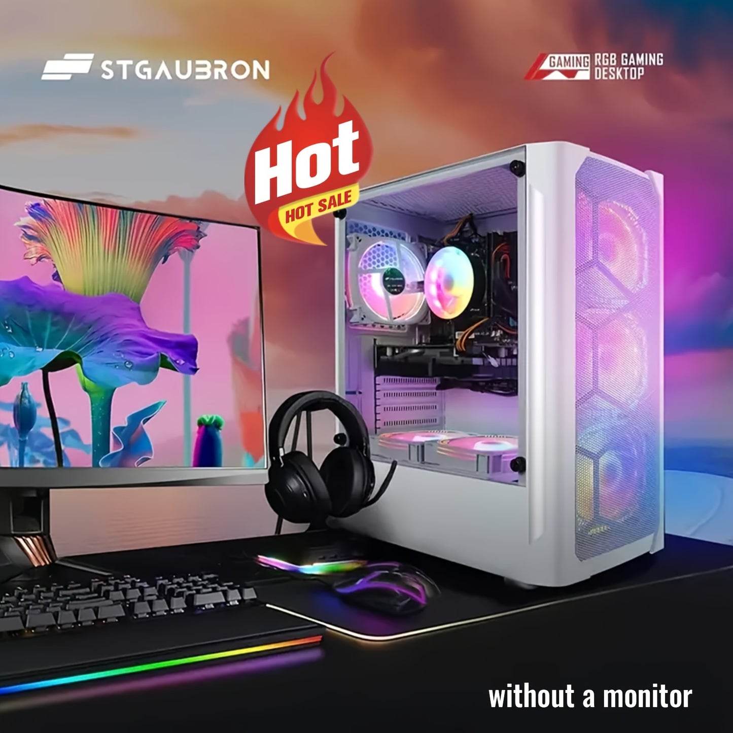 STGAubron Gaming Diamond Desktop, Core I7 3.4 GHz Up To 3.9 GHz, GTX 1660 Ti 6G GDDR6, 16G RAM, 512G SSD, WIFI, Wireless 5.0, RGB Fan X 6, RGB Keyboard & Mouse, RGB Mouse Pad, RGB BT Sound Bar, W10H64