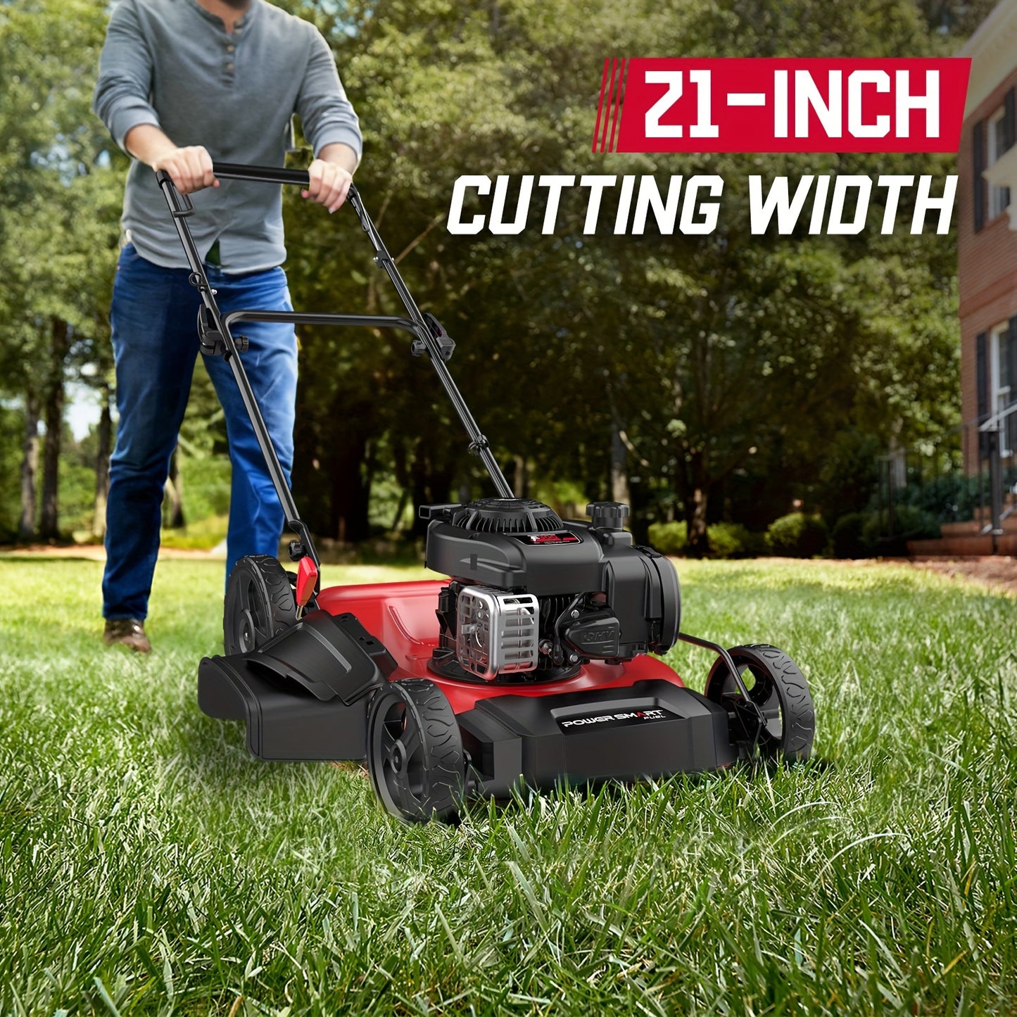 PowerSmart 21-Inch 125cc Gas Lawn Mower with Mulching & Side Discharge, 10-Inch Rear Wheels