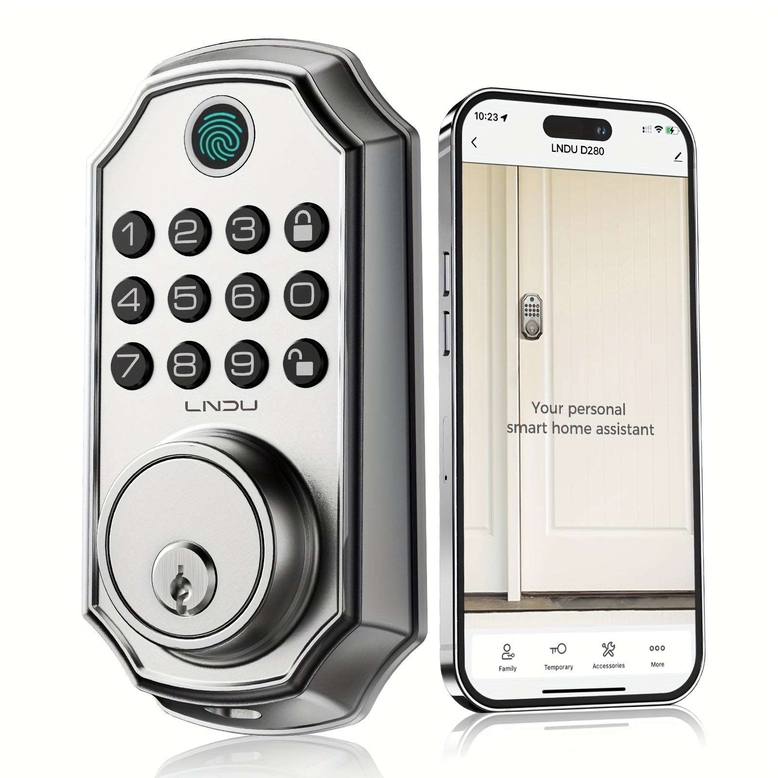 D280 Smart 5-in-1 Fingerprint Door Lock with App Connectivity, Biometric Storage, 100 Passwords, Temporary Sharing