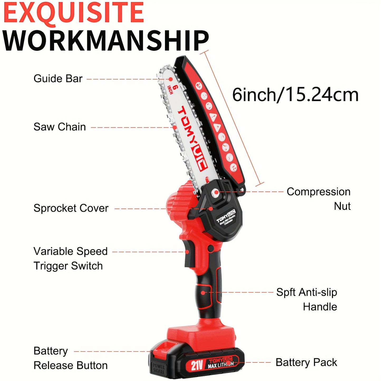 Mini Chainsaw 6-Inch Battery Powered - Cordless Electric Handheld Chainsaw With 2 Rechargeable Batteries - 21V Small Power Chain Saws Battery Operated For Tree Trimming Wood Cutting Garden