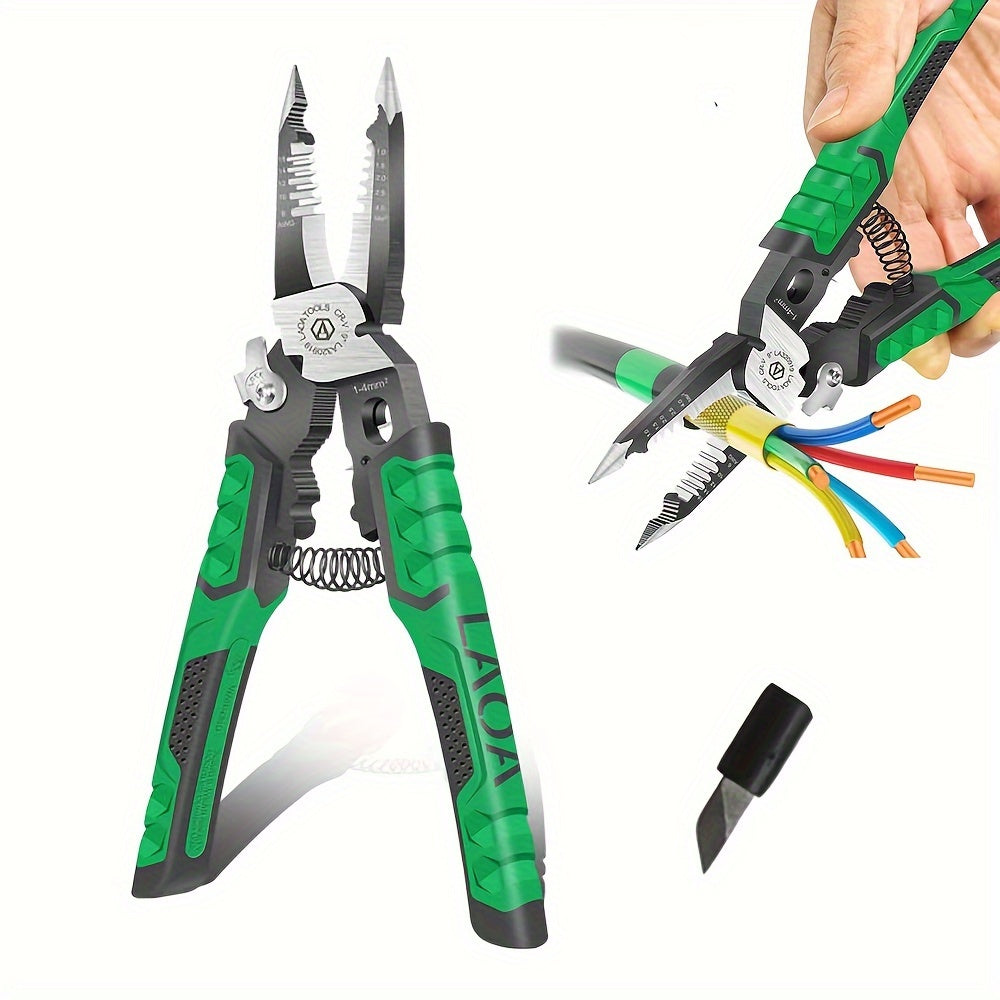 LAOA Needle Nose Pliers Electrician Pliers Wire Stripper Wire Stripper Tool, 9-in-1 Multifunctional for Clamping, Tightening Screws, Stripping Wires, Cutting Cables, Iron Wires with 1pc Spring