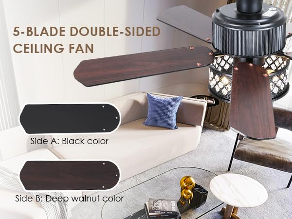 Danilong 42" Ceiling Fans with Lights and Remote, Retro Low Profile Flush Mount Ceiling Fans with Crystal Cage, 6 Speeds Reversible Dual Finish Wooden Blades Fandelier for Kitchen Bedroom Dining Room