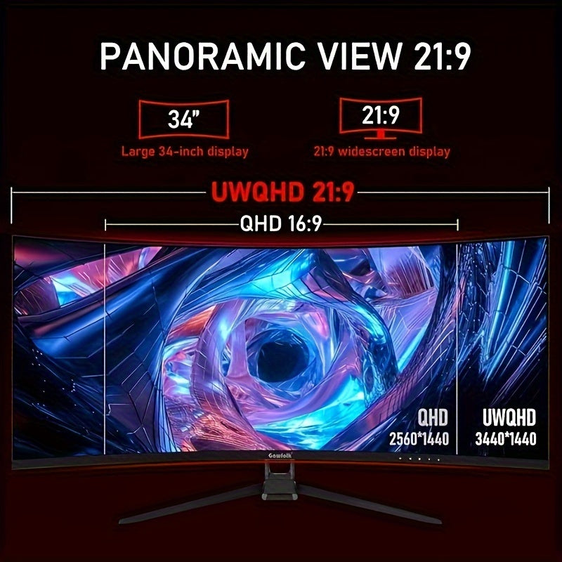 Gawfolk 34 Inch Ultrawide Curved 144Hz Gaming Computer Monitor 1500R PC Screen 21:9 UWQHD 3440x1440 Adaptive Sync, 178° Viewing Angle Display Port, Compatible With Wall Mounting Black