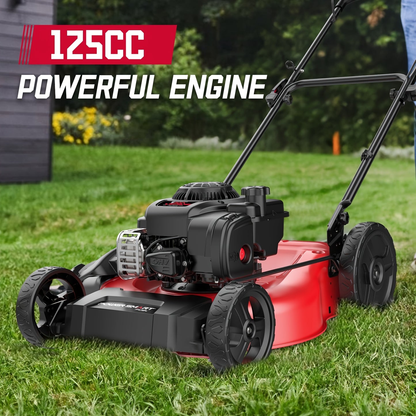 PowerSmart 21-Inch 125cc Gas Lawn Mower with Mulching & Side Discharge, 10-Inch Rear Wheels