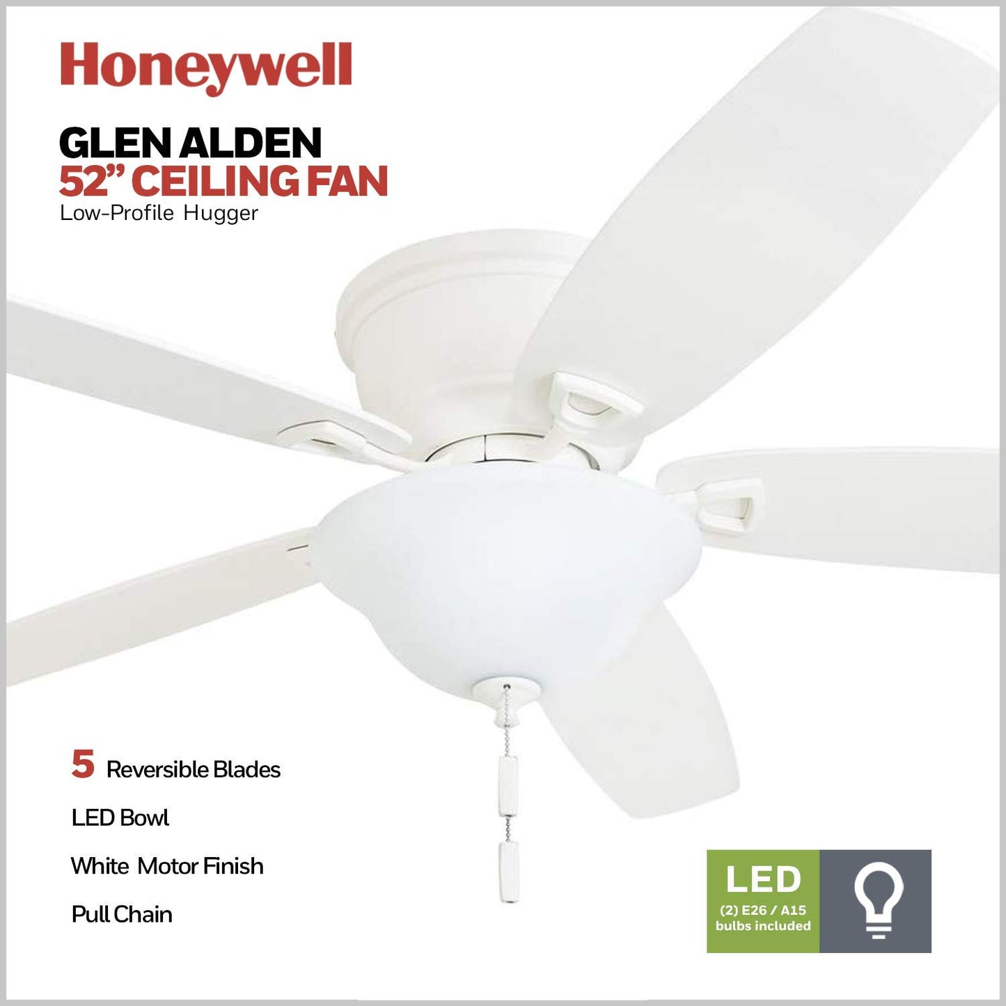 Honeywell Ceiling Fans Glen Alden, 52 Inch Classic Flush Mount Indoor LED Ceiling Fan with Light, Pull Chain, Quick-2-Hang Dual Finish Blades, Reversible Motor - 50183 (Oil Rubbed Bronze)