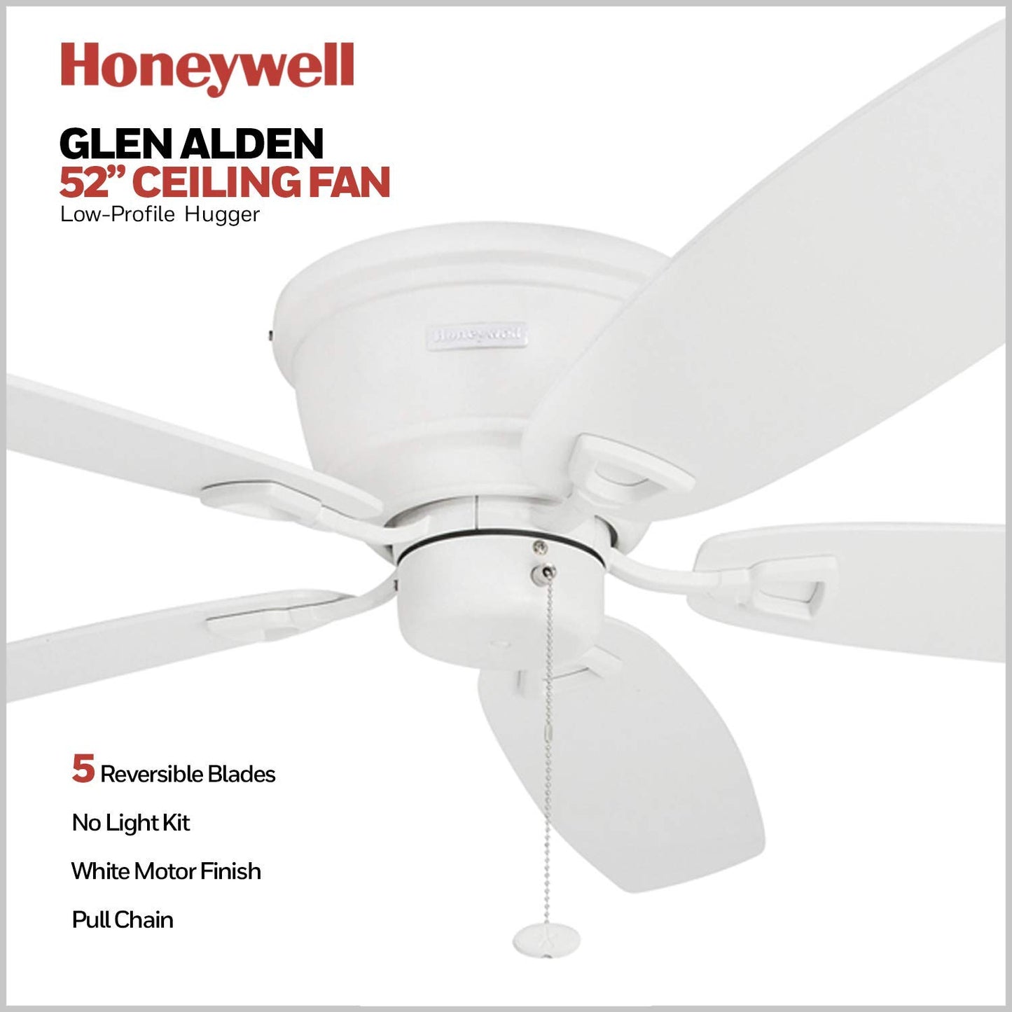 Honeywell Ceiling Fans Glen Alden, 52 Inch Classic Flush Mount Indoor LED Ceiling Fan with Light, Pull Chain, Quick-2-Hang Dual Finish Blades, Reversible Motor - 50183 (Oil Rubbed Bronze)