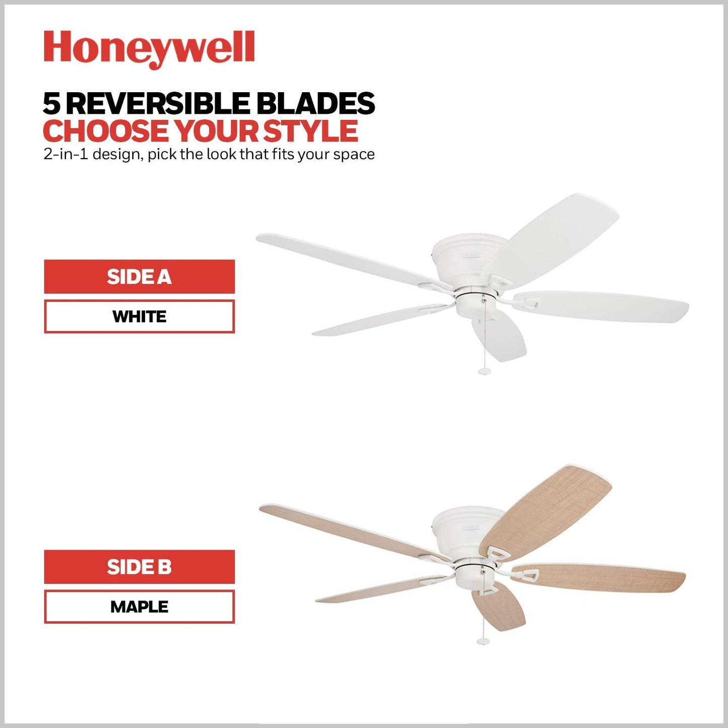 Honeywell Ceiling Fans Glen Alden, 52 Inch Classic Flush Mount Indoor LED Ceiling Fan with Light, Pull Chain, Quick-2-Hang Dual Finish Blades, Reversible Motor - 50183 (Oil Rubbed Bronze)