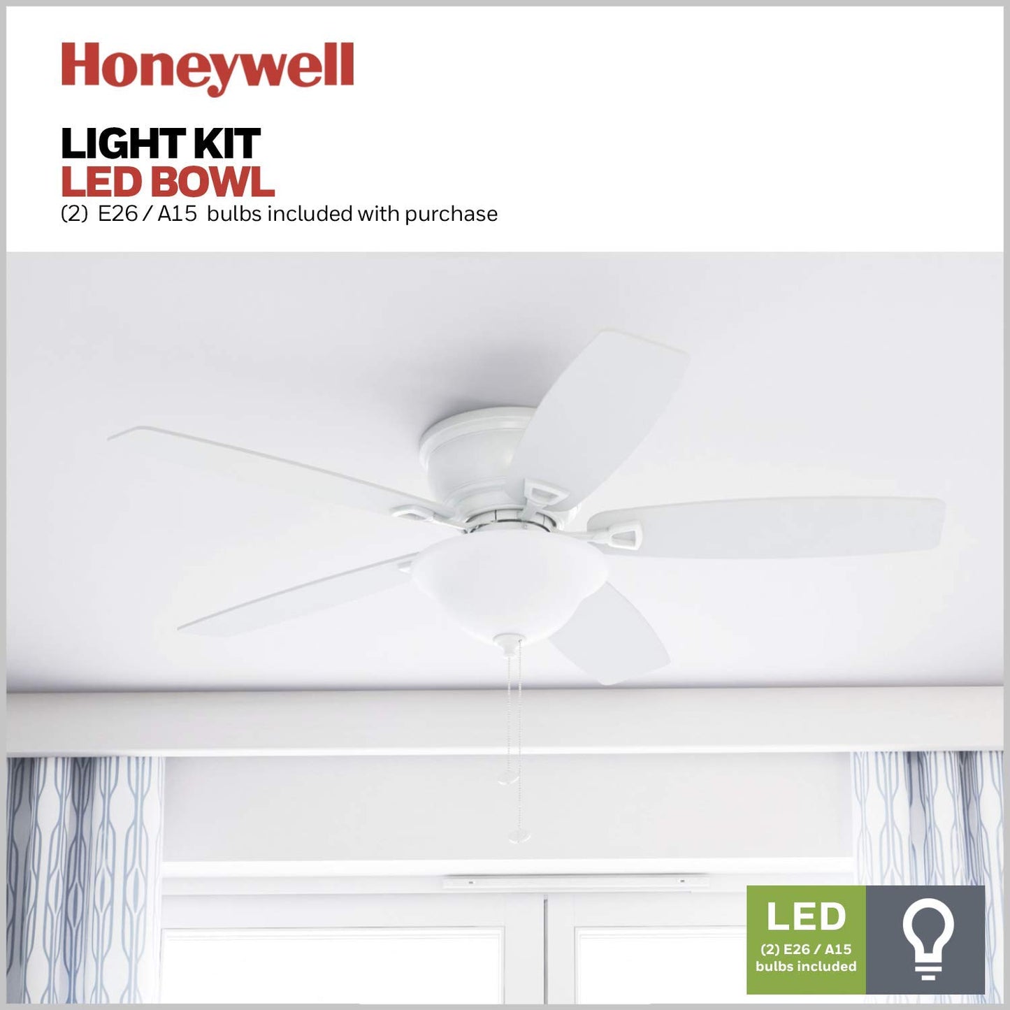 Honeywell Ceiling Fans Glen Alden, 52 Inch Classic Flush Mount Indoor LED Ceiling Fan with Light, Pull Chain, Quick-2-Hang Dual Finish Blades, Reversible Motor - 50183 (Oil Rubbed Bronze)