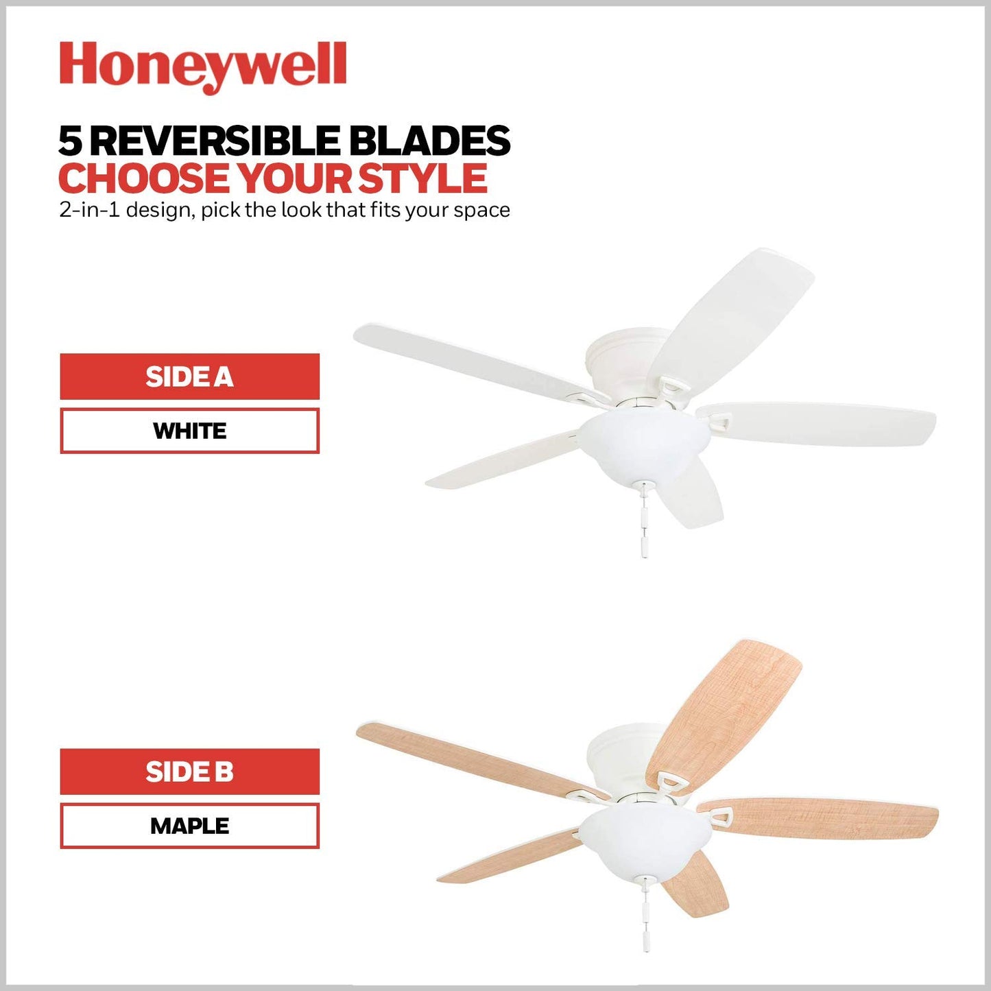 Honeywell Ceiling Fans Glen Alden, 52 Inch Classic Flush Mount Indoor LED Ceiling Fan with Light, Pull Chain, Quick-2-Hang Dual Finish Blades, Reversible Motor - 50183 (Oil Rubbed Bronze)