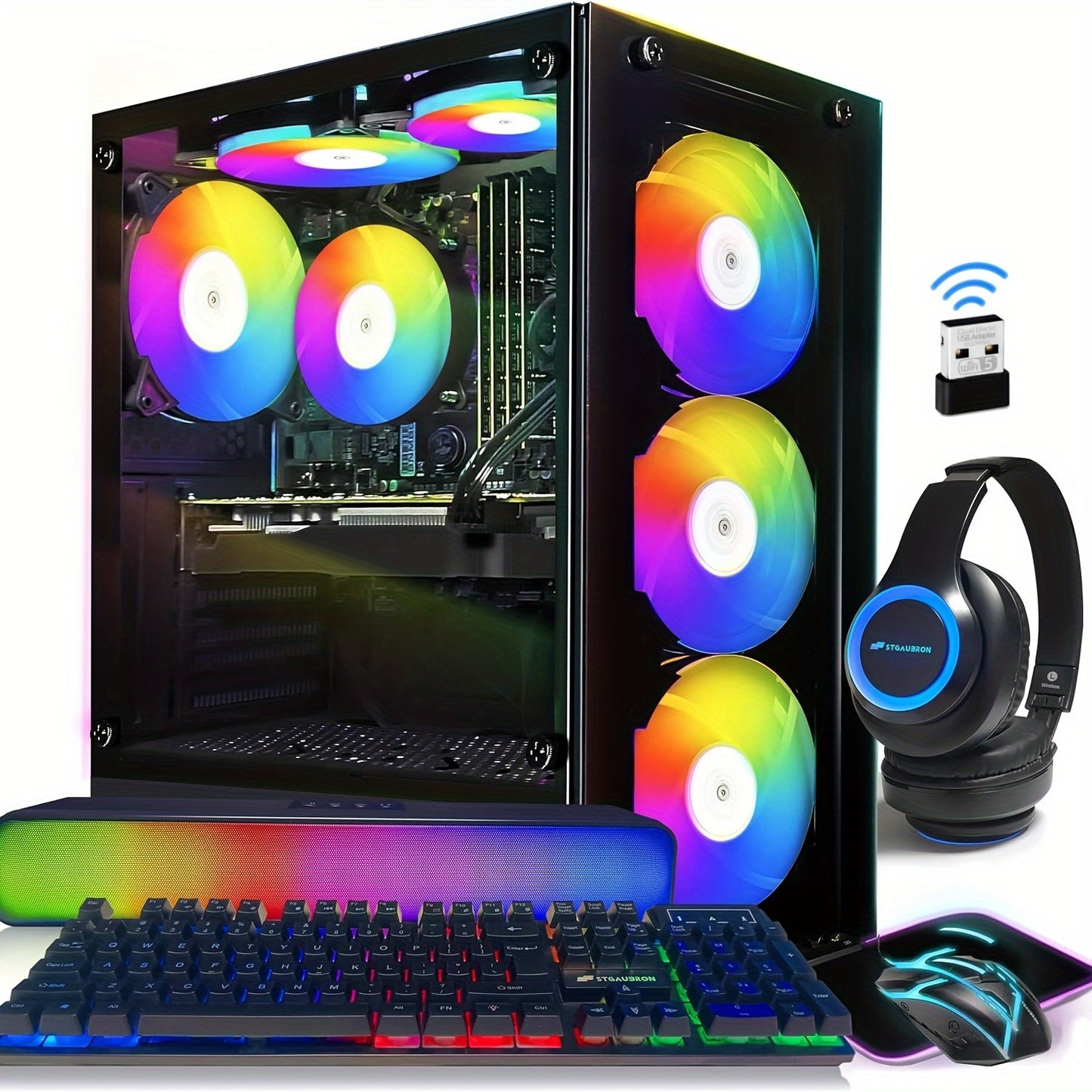 STGAubron Gaming Desktop, Core i7 3.4G up to 3.9G, GeForce GTX 1660 Super 6G GDDR6, 32G RAM, 1T SSD, WiFi, Wireless 5.0, RGB Fan x 6, RGB Keyboard&Mouse&Mouse Pad, RGB Wireless Sound Bar & Gaming Mic, W10H64