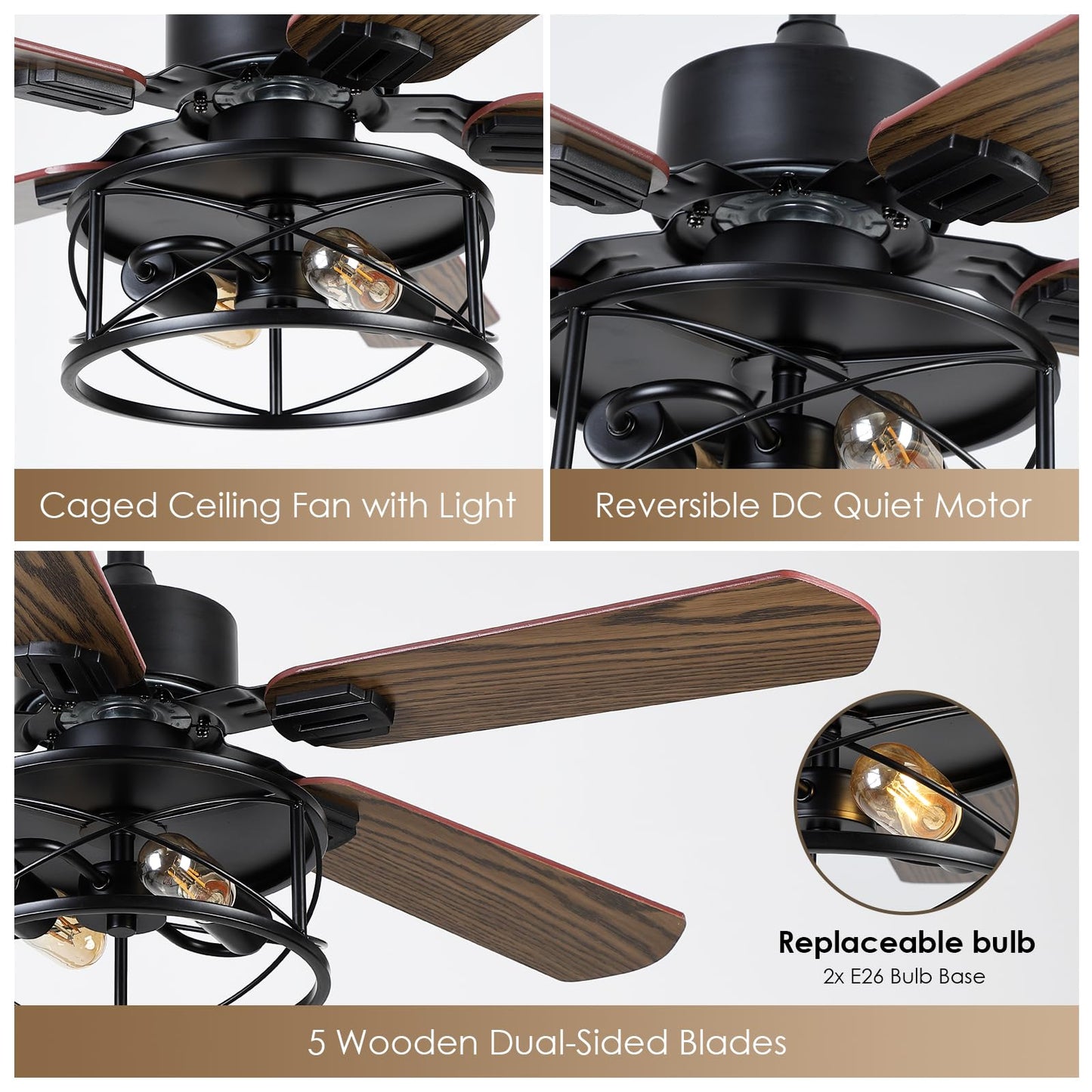 Danilong 42" Ceiling Fans with Lights and Remote, Retro Low Profile Flush Mount Ceiling Fans with Crystal Cage, 6 Speeds Reversible Dual Finish Wooden Blades Fandelier for Kitchen Bedroom Dining Room