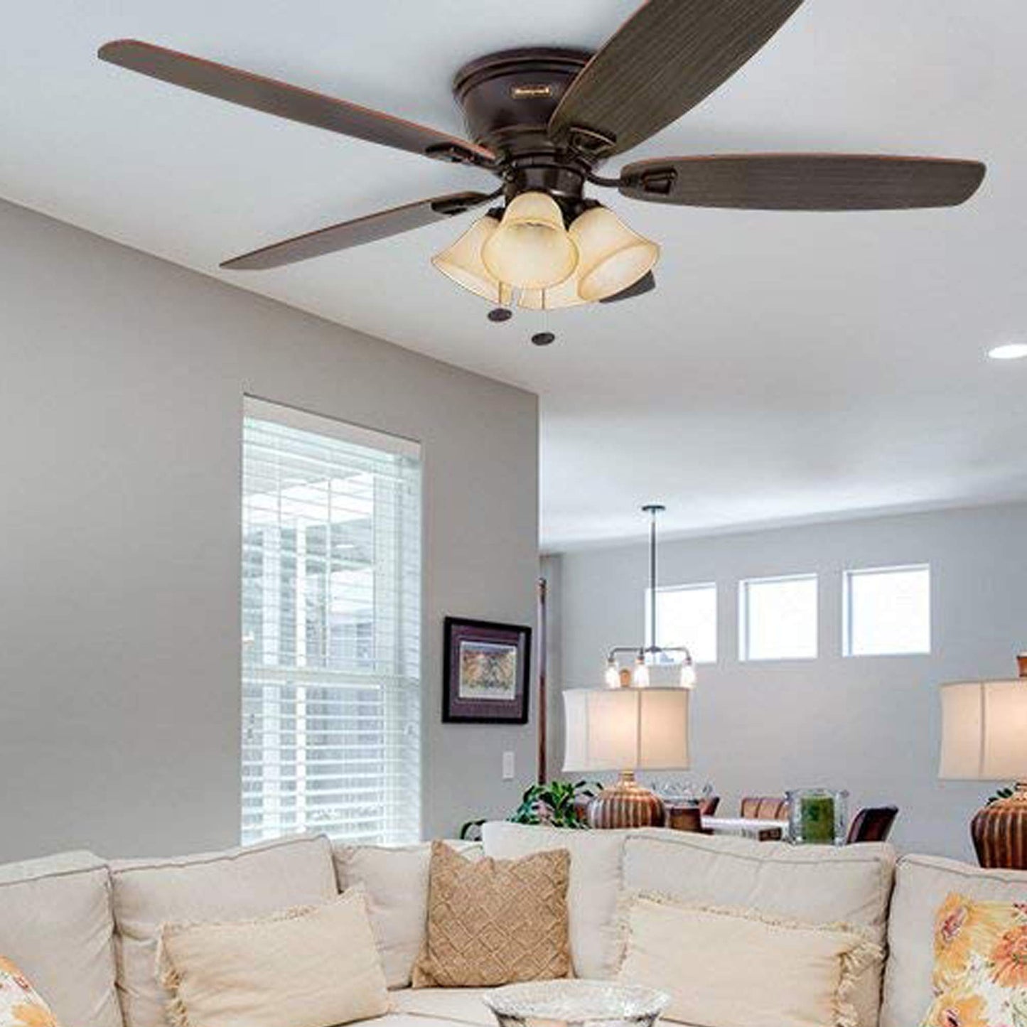 Honeywell Ceiling Fans Glen Alden, 52 Inch Classic Flush Mount Indoor LED Ceiling Fan with Light, Pull Chain, Quick-2-Hang Dual Finish Blades, Reversible Motor - 50183 (Oil Rubbed Bronze)