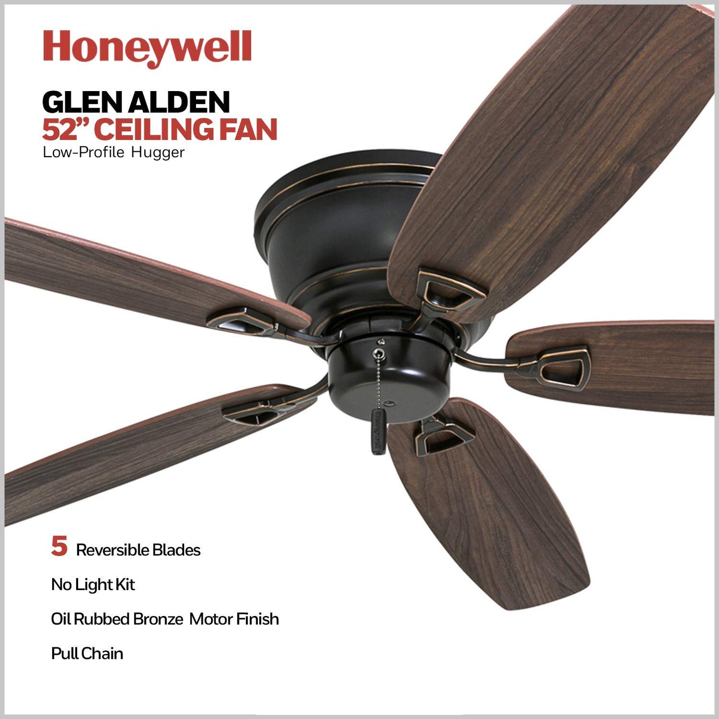 Honeywell Ceiling Fans Glen Alden, 52 Inch Classic Flush Mount Indoor LED Ceiling Fan with Light, Pull Chain, Quick-2-Hang Dual Finish Blades, Reversible Motor - 50183 (Oil Rubbed Bronze)