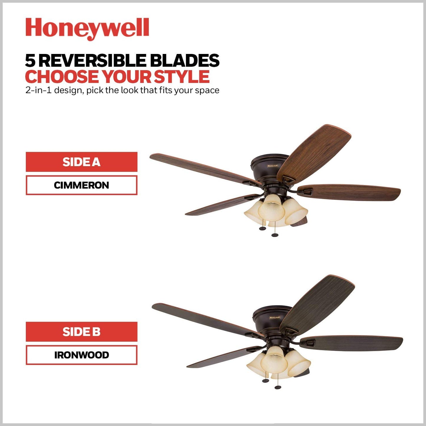 Honeywell Ceiling Fans Glen Alden, 52 Inch Classic Flush Mount Indoor LED Ceiling Fan with Light, Pull Chain, Quick-2-Hang Dual Finish Blades, Reversible Motor - 50183 (Oil Rubbed Bronze)