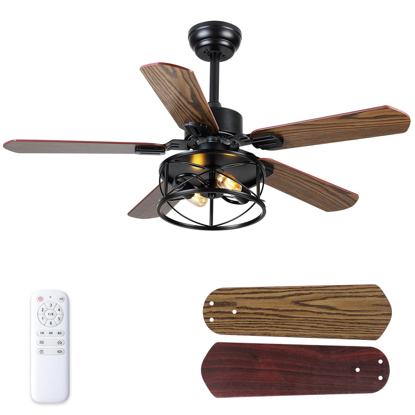 Danilong 42" Ceiling Fans with Lights and Remote, Retro Low Profile Flush Mount Ceiling Fans with Crystal Cage, 6 Speeds Reversible Dual Finish Wooden Blades Fandelier for Kitchen Bedroom Dining Room