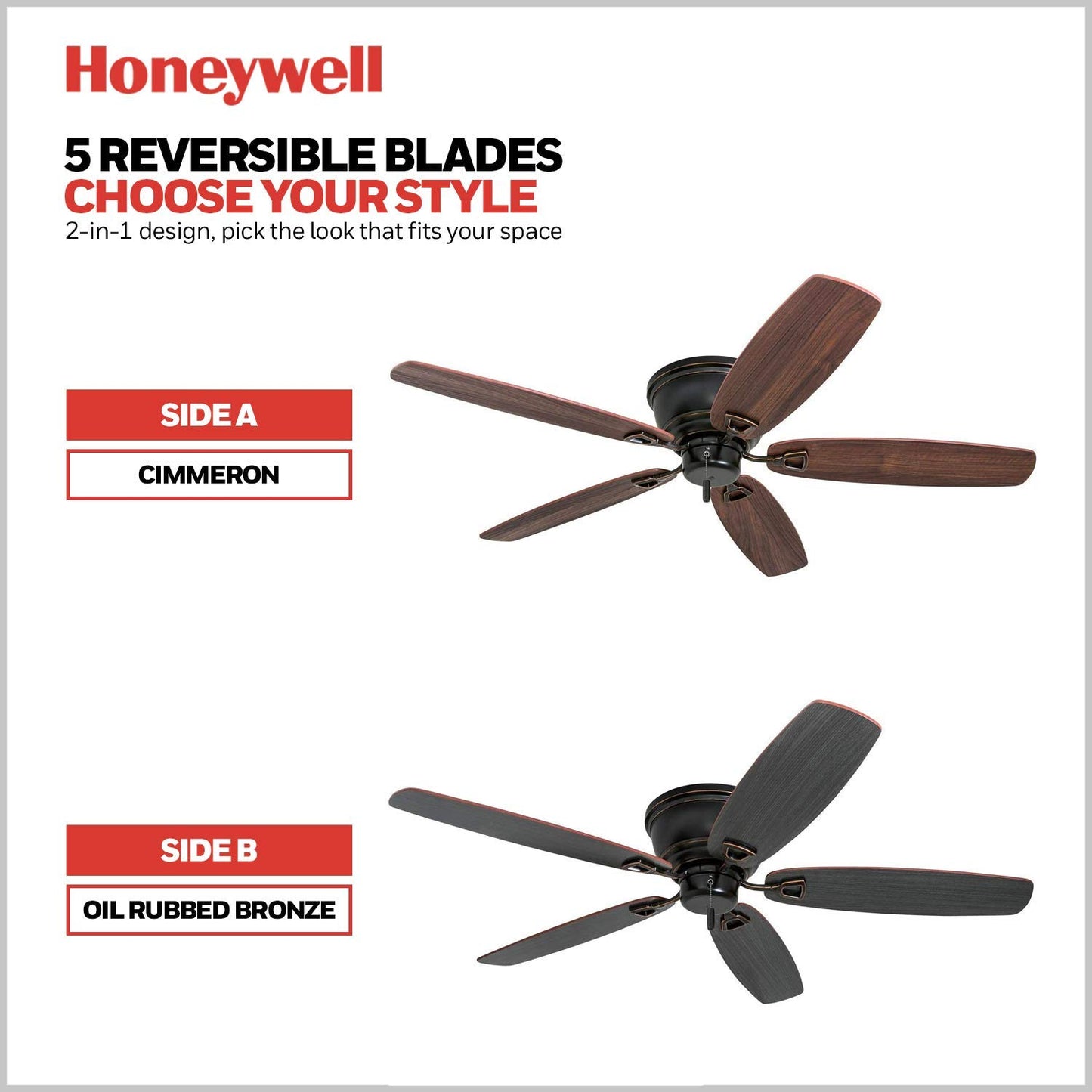 Honeywell Ceiling Fans Glen Alden, 52 Inch Classic Flush Mount Indoor LED Ceiling Fan with Light, Pull Chain, Quick-2-Hang Dual Finish Blades, Reversible Motor - 50183 (Oil Rubbed Bronze)