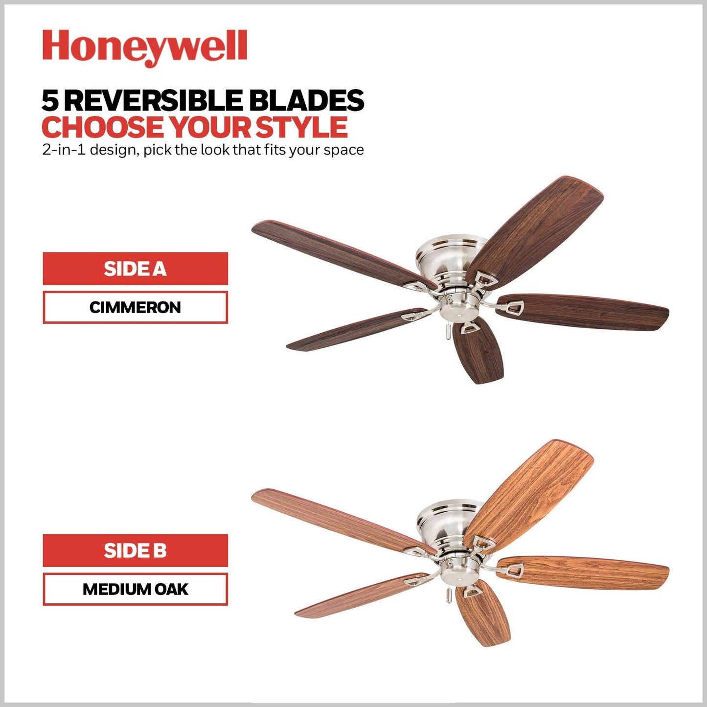 Honeywell Ceiling Fans Glen Alden, 52 Inch Classic Flush Mount Indoor LED Ceiling Fan with Light, Pull Chain, Quick-2-Hang Dual Finish Blades, Reversible Motor - 50183 (Oil Rubbed Bronze)