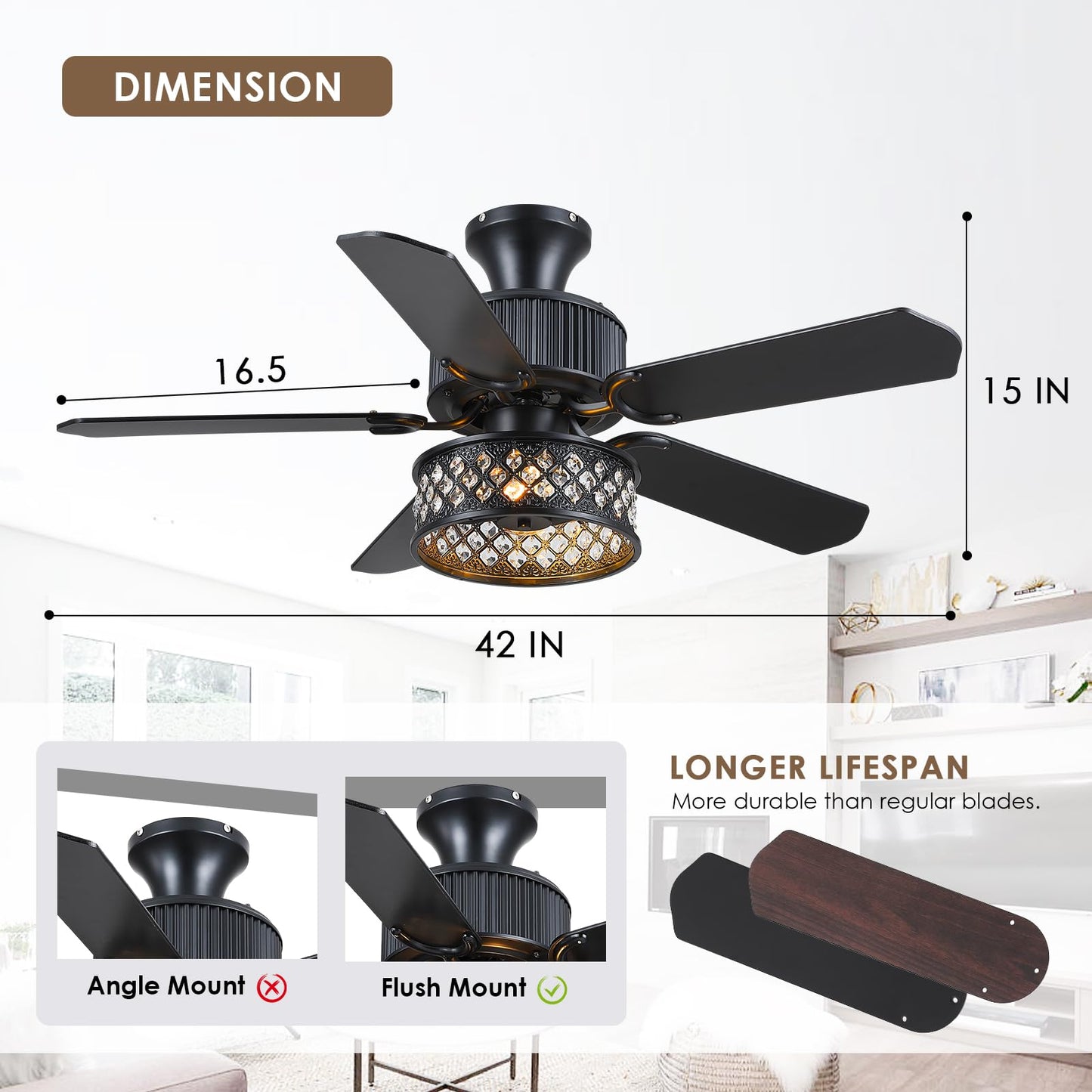 Danilong 42" Ceiling Fans with Lights and Remote, Retro Low Profile Flush Mount Ceiling Fans with Crystal Cage, 6 Speeds Reversible Dual Finish Wooden Blades Fandelier for Kitchen Bedroom Dining Room