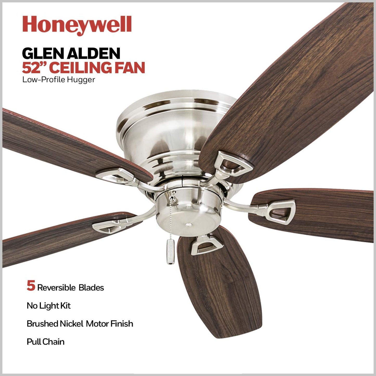 Honeywell Ceiling Fans Glen Alden, 52 Inch Classic Flush Mount Indoor LED Ceiling Fan with Light, Pull Chain, Quick-2-Hang Dual Finish Blades, Reversible Motor - 50183 (Oil Rubbed Bronze)