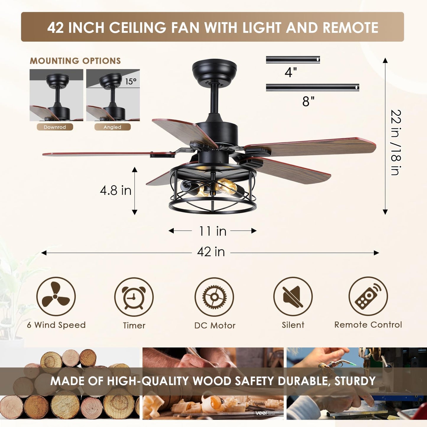 Danilong 42" Ceiling Fans with Lights and Remote, Retro Low Profile Flush Mount Ceiling Fans with Crystal Cage, 6 Speeds Reversible Dual Finish Wooden Blades Fandelier for Kitchen Bedroom Dining Room