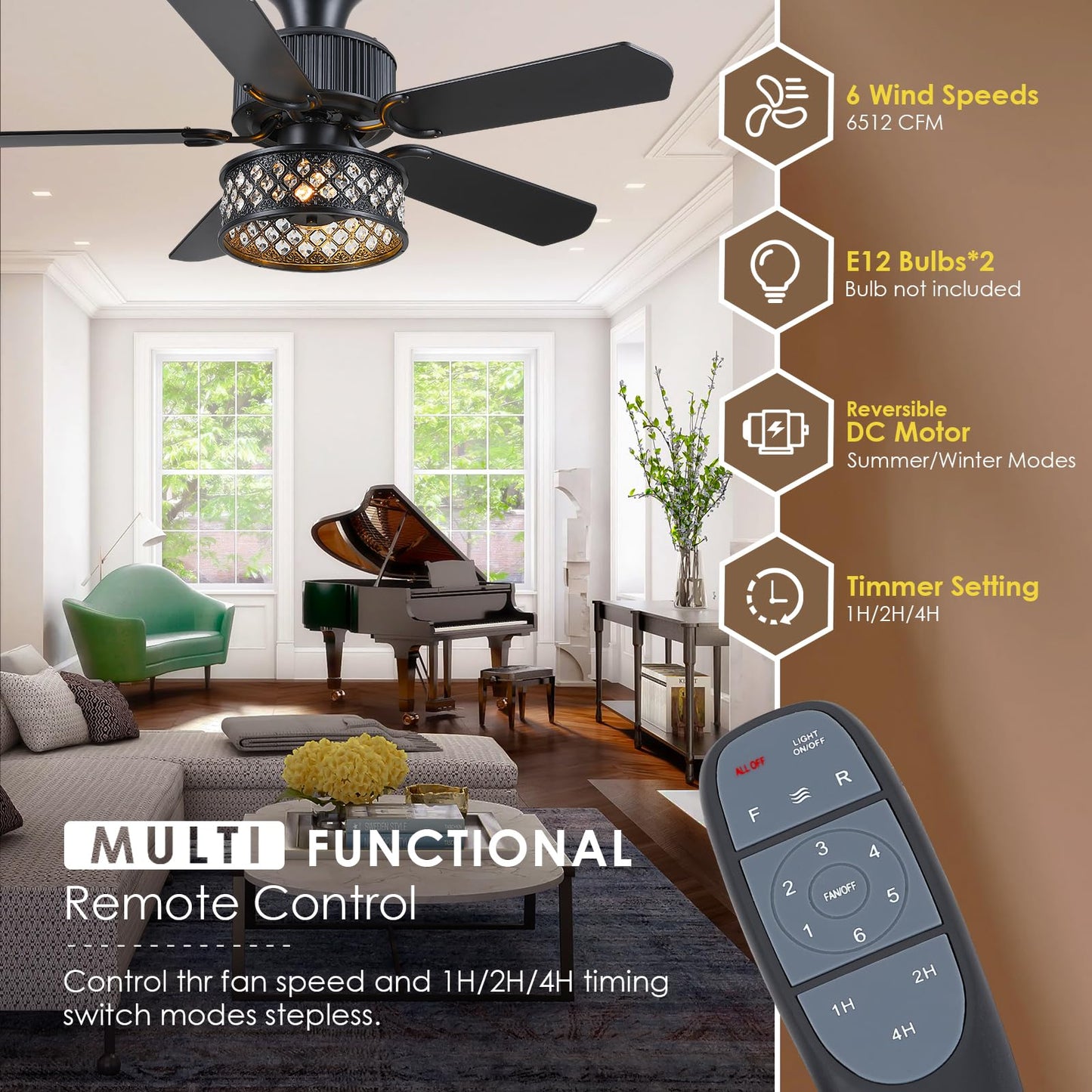 Danilong 42" Ceiling Fans with Lights and Remote, Retro Low Profile Flush Mount Ceiling Fans with Crystal Cage, 6 Speeds Reversible Dual Finish Wooden Blades Fandelier for Kitchen Bedroom Dining Room