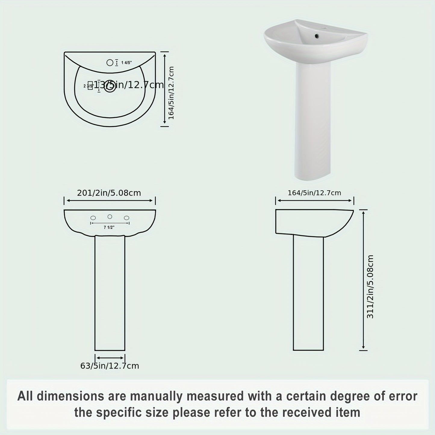 Pedestal Sink 20" X 17" Bathroom Pedestal Sink Modern U-Shape Ceramic Pedestal Sink For Bathroom, Compact White Pedestal Bathroom Sink With Overflow