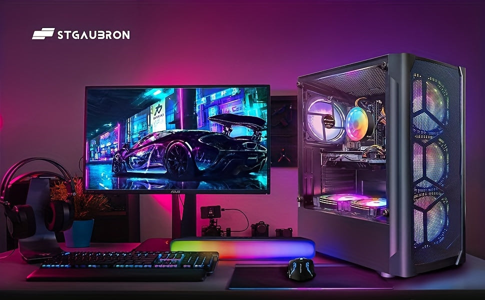 STGAubron Gaming Desktop PC Computer, Intel Core I7 3.4 GHz Up To 3.9 GHz, Radeon RX 580 8G GDDR5, 16G RAM, 512G SSD, WiFi, Wireless 5.0, RGB Fanx6, RGB Keyboard&Mouse&Mouse Pad, RGB BT Sound Bar, W10H64