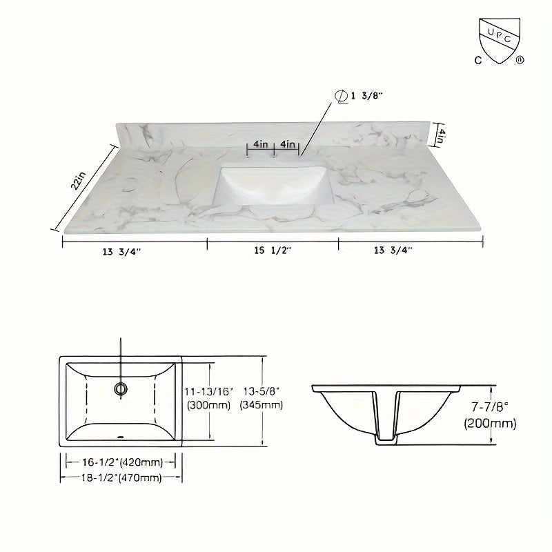 Traditional White Bathroom Vanity Top with Engineered Carrara Marble & Rectangular Undermount Ceramic Sink