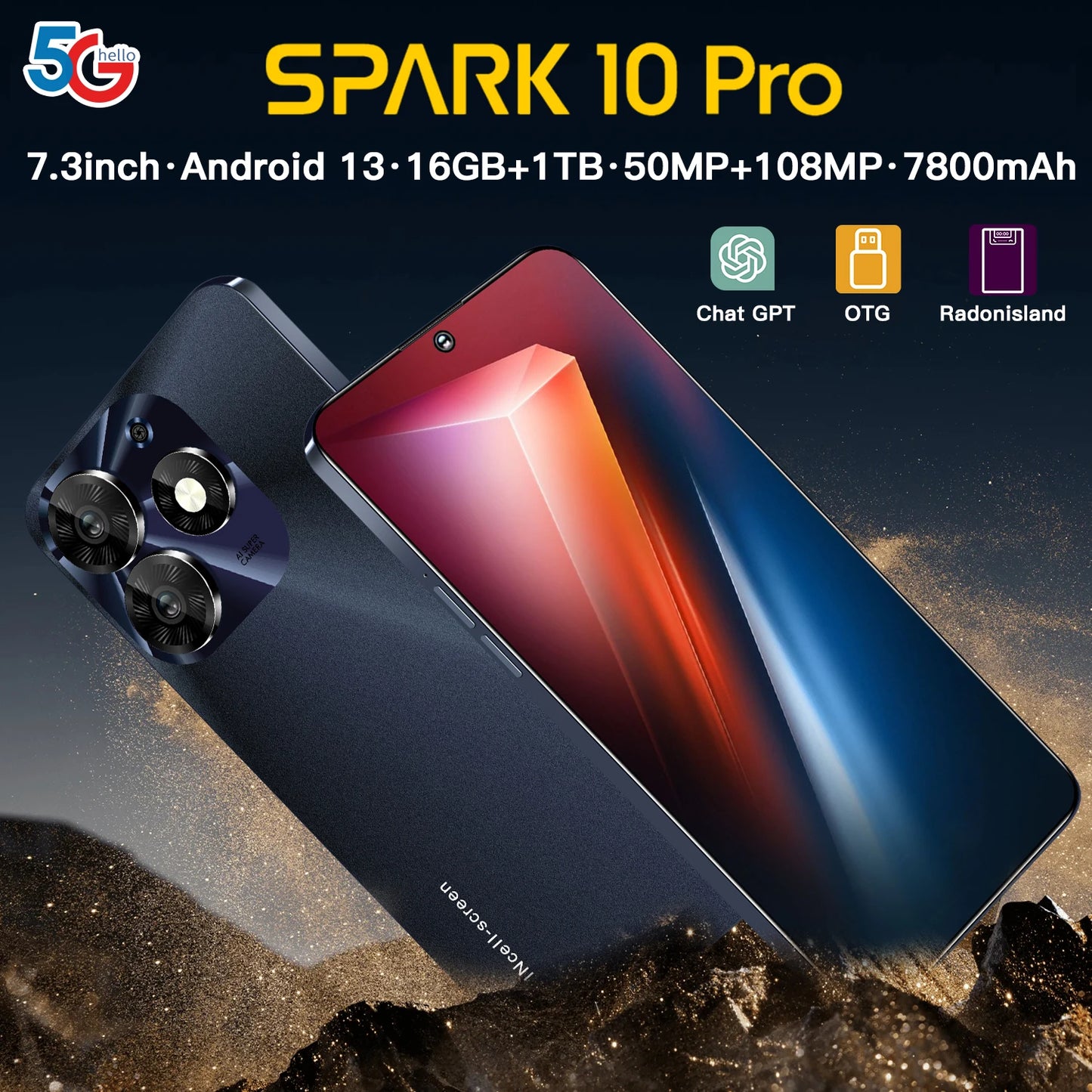 2025 Spark 10 Pro Smartphone 7.3inch Full Screen 4G/5G Cell Phone 16TB+1TB 7800mAh Mobile Phones 108MP Global Version Celulares