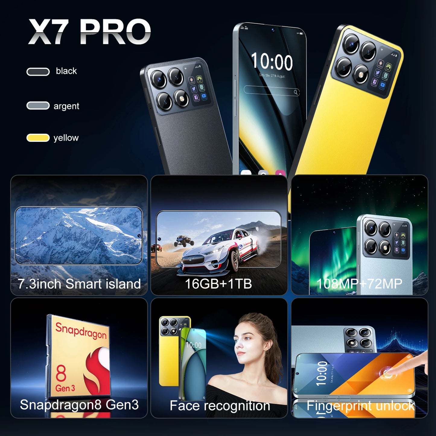 New X7  Pro Smartphone 7.3 inch Full Screen 4G/5G Cell Phone 16TB+1TB 7800mAh Mobile Phones 108MP Global Version Celulares