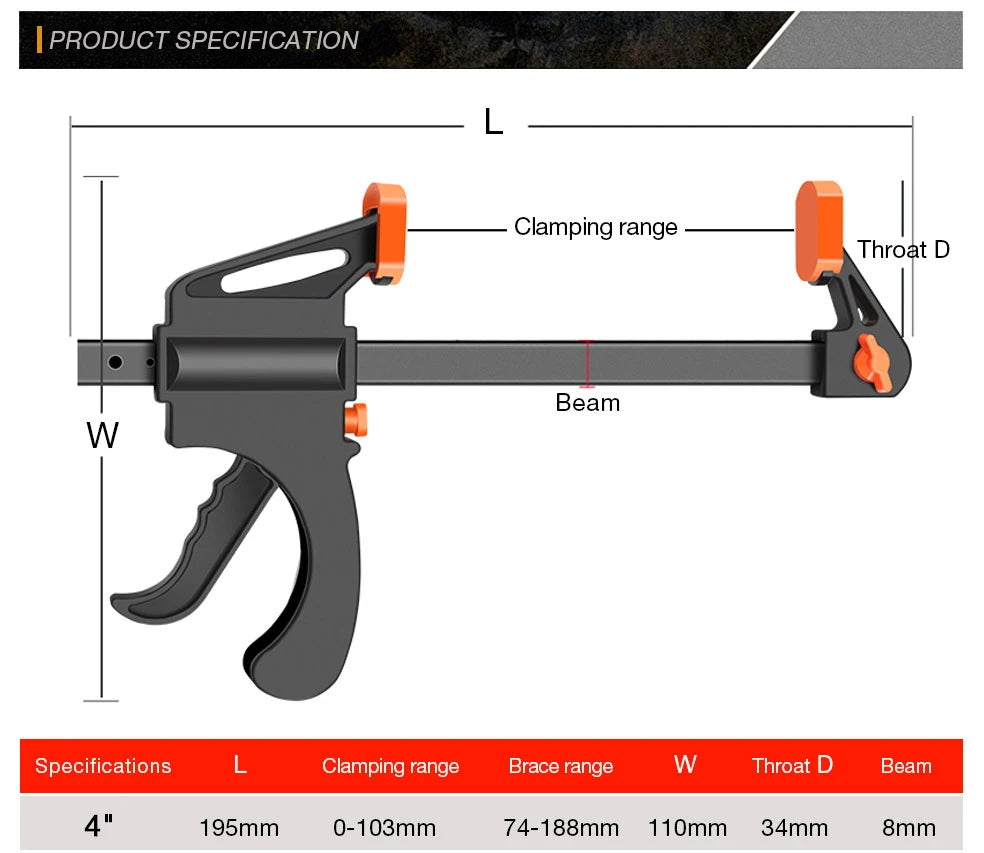 DTBD 4 Inch Clip Quick Ratchet Release Speed Squeeze Wood Working Work Bar F Clamp Clip Kit Spreader Gadget Tools DIY Hand Tool