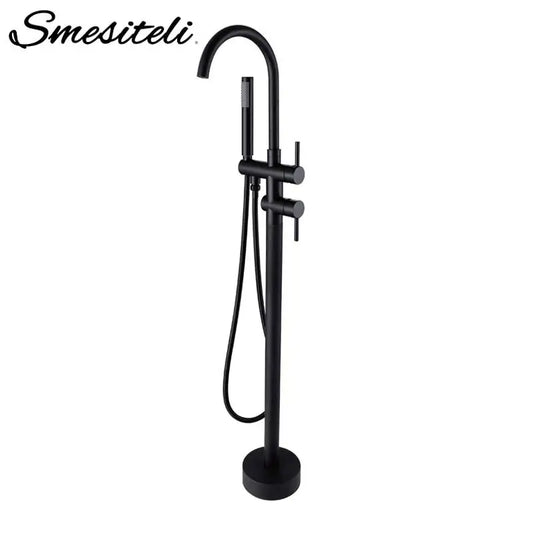 Matte Black Freestanding Bathtub Faucet 2 Ways Spout & Hand Shower Diverter Floor Mounted Bathtub Mixer Hot & Cold Bathroom Tap