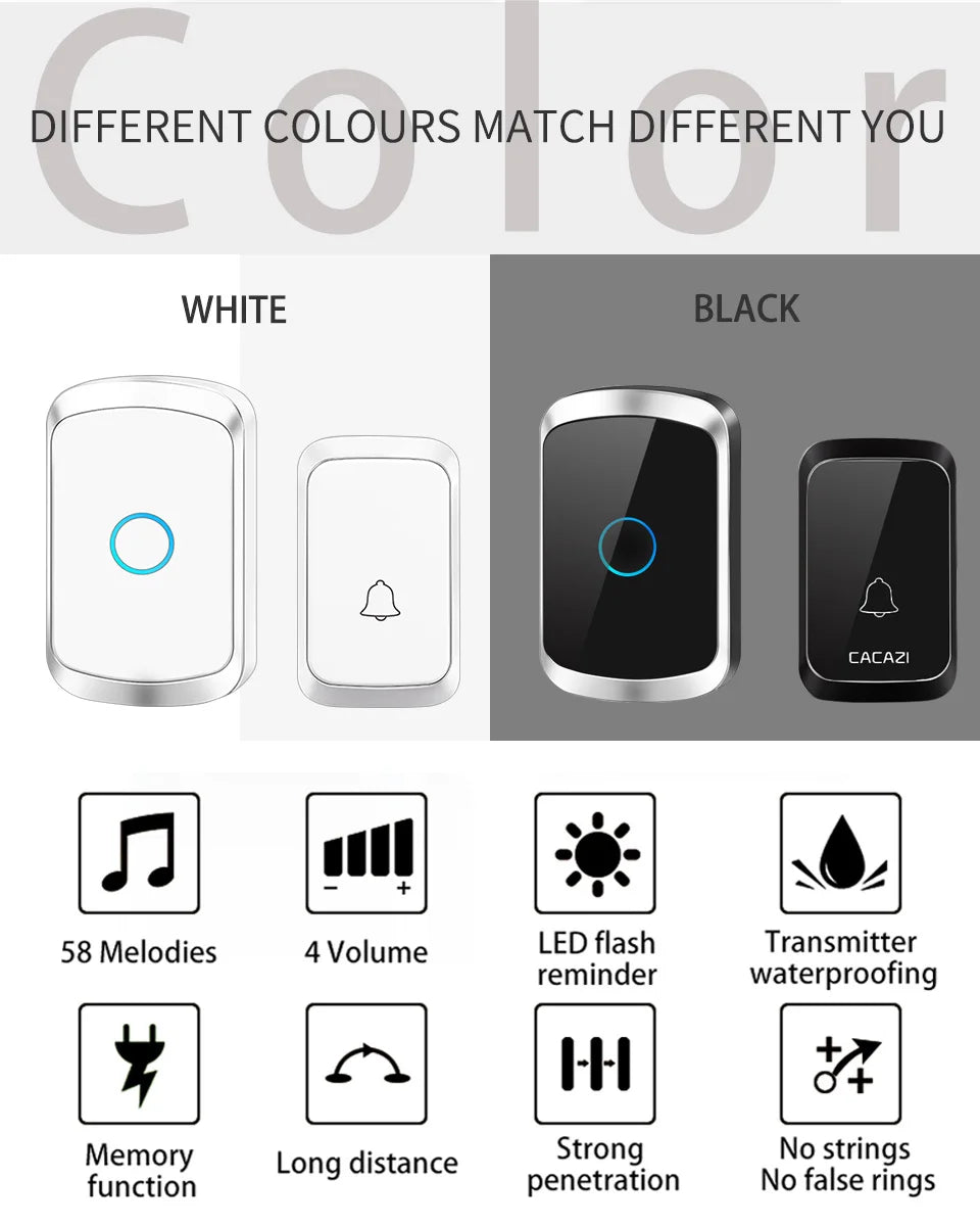 Wireless Doorbell Waterproof 1 2 Button 1 2 3 Receiver 300M Remote LED Light Home Door Bell Wireless Battery Calling Chime