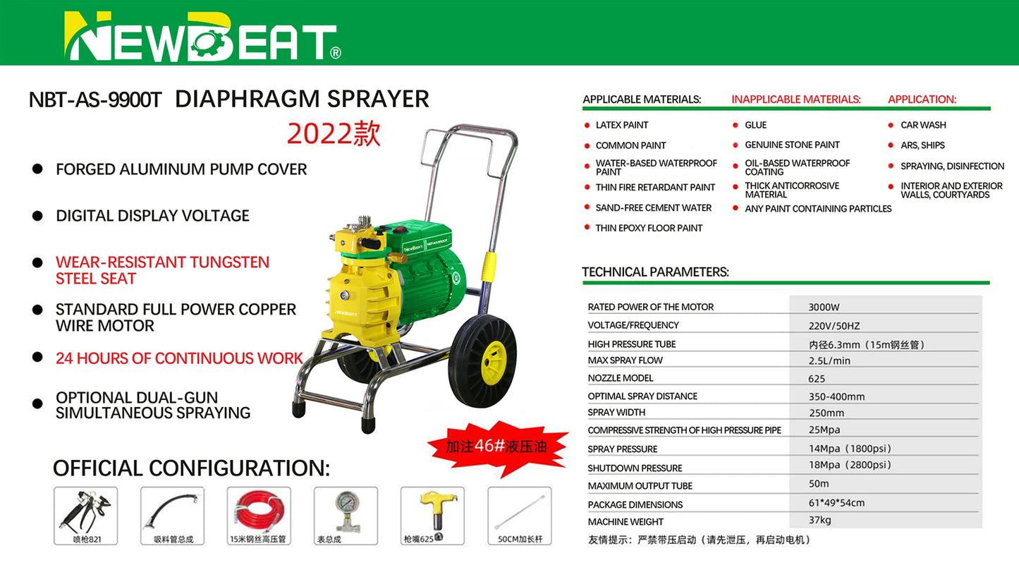 NewBeat 3000W Paint Sprayer Gun Equipment Electrical High Pressure Airless Sprayer Machine