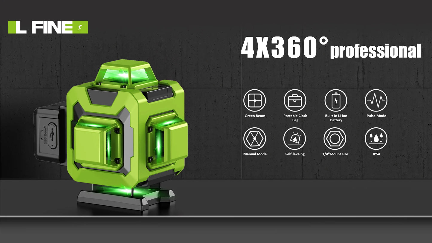 Lfine Laser Level 4D 16 Lines with 39.37 Inch (1M)Tripod Horizontal Vertical Green 360° Self-leveling Professional Nivel Laser