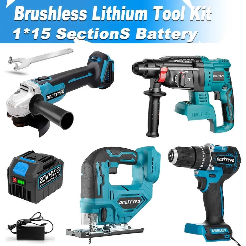 Cordless Tool Combo Set 4 in 1 Impact Wrench Angle Grinder Hammer Drill Jigsaw Power Tool Set Combo Kit for Makita 18V Battery