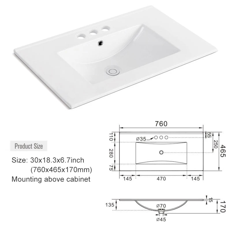 1pc 30inch Porcelain Ceramic Vanity Sink Top, Surface Bathroom Vessel Sink Basin with Three Faucet Holes, Rectangular, Glossy W