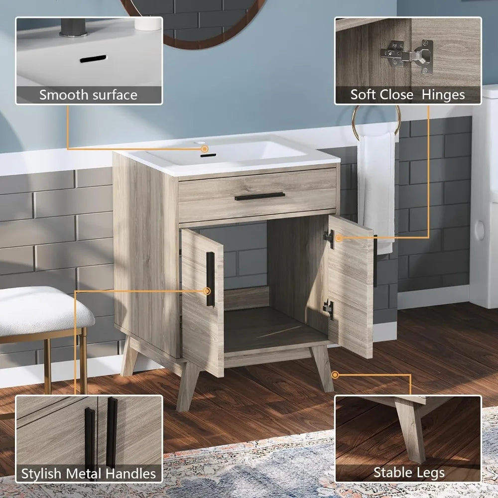 24.5" Bathroom Vanity with Sink Combo, Small Single Bathroom Cabinet Set, Soft Closing Doors, Bath Vanity with Sink