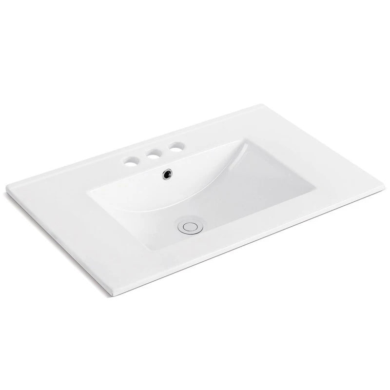 1pc 30inch Porcelain Ceramic Vanity Sink Top, Surface Bathroom Vessel Sink Basin with Three Faucet Holes, Rectangular, Glossy W