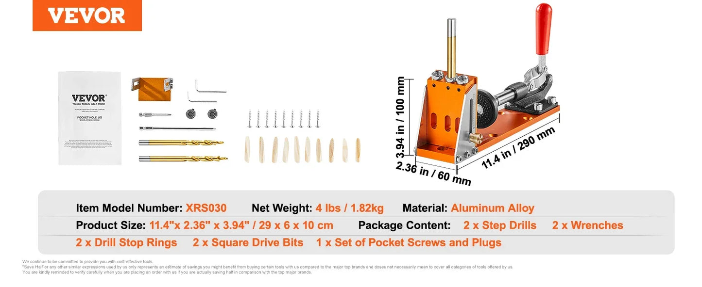 VEVOR 30 Pcs Pocket Hole Jig Kit Adjustable & Easy to Use Pocket Hole Jig System with Step Drills Wrenches Drill Stop Rings