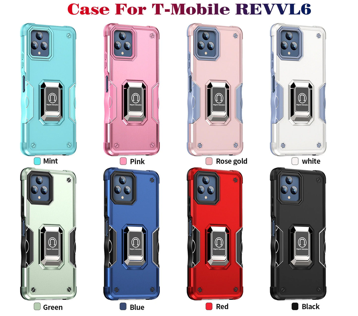 Armor Shockproof Case for T-MOBILE REVVL 6 V+ 5G Heat Dissipation Car Ring Stand Bracket Armor Shockproof Phone Cover for REVVL6