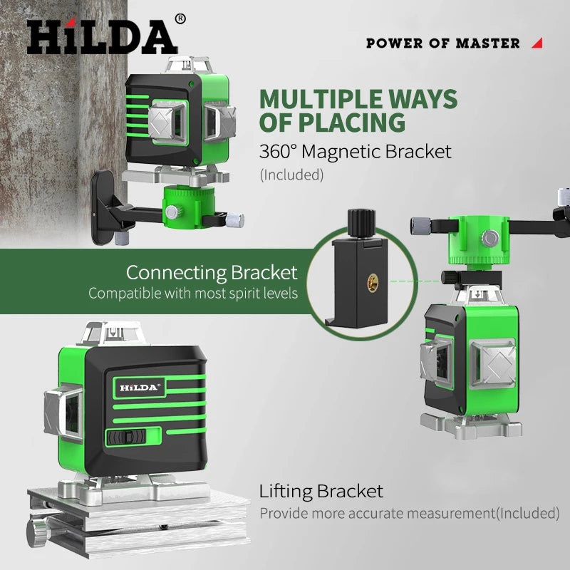 HILDA 16/12 Lines Laser Level Green Line SelfLeveling 360 Horizontal And Vertical Super Powerful Laser Level Green Beam