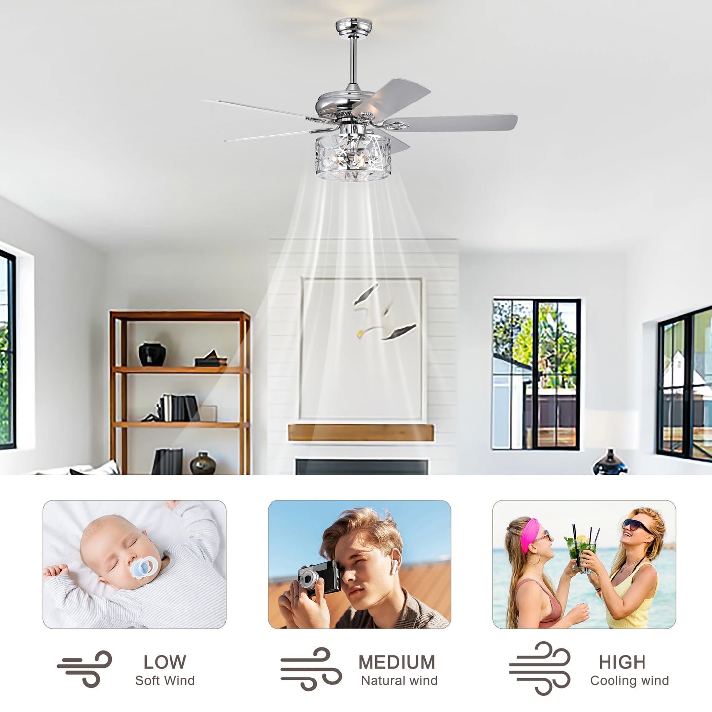 Farmhouse Industrial 52-inch Ceiling Fan (Optional Remote&2 Color Option Blades) or Bedroom, Living Room, Dining Room--Chrome