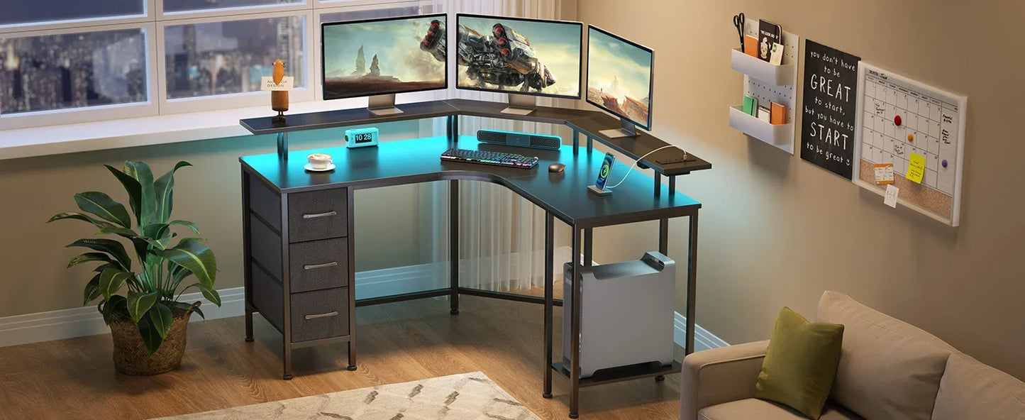 Corner Desk with Power Outlets & 3 Drawers, 44.6" Reversible Small L Shaped Computer Desk with LED Lights, Gaming