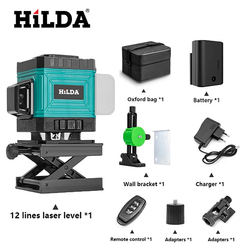 HILDA 16/12 Lines Laser Level Green Line SelfLeveling 360 Horizontal And Vertical Super Powerful Laser Level Green Beam